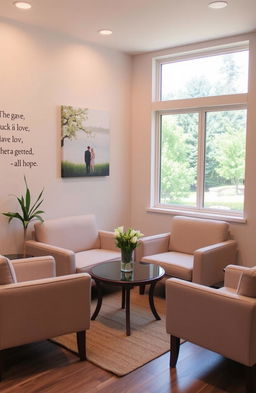 A serene and comforting therapy room designed for relationship counseling, featuring soft pastel colors, warm lighting, and plush seating arrangements