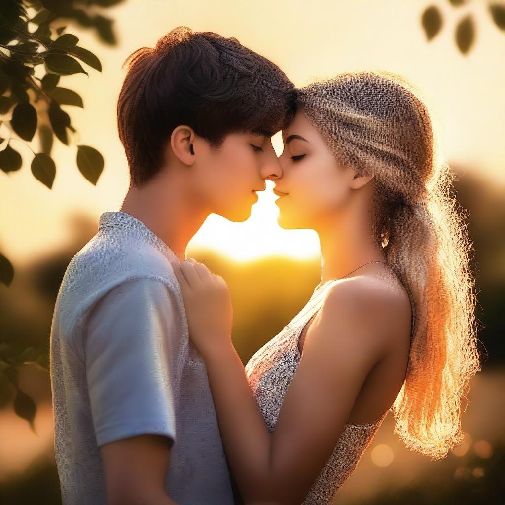 A high-quality digital art image capturing a teen couple sharing a passionate kiss during summer