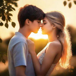 A high-quality digital art image capturing a teen couple sharing a passionate kiss during summer