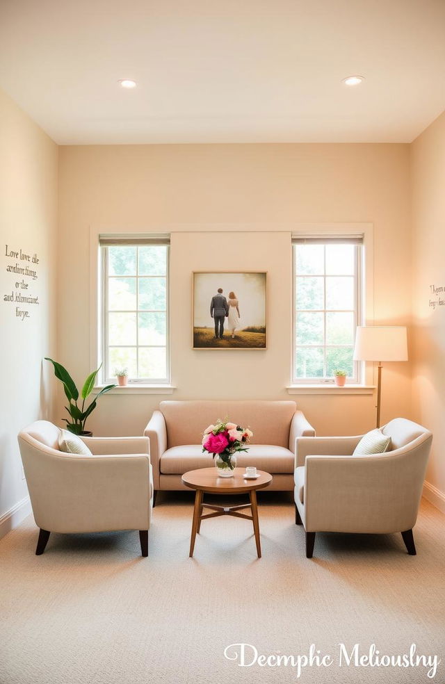 A serene and comforting therapy room designed for relationship counseling, featuring soft pastel colors, warm lighting, and plush seating arrangements