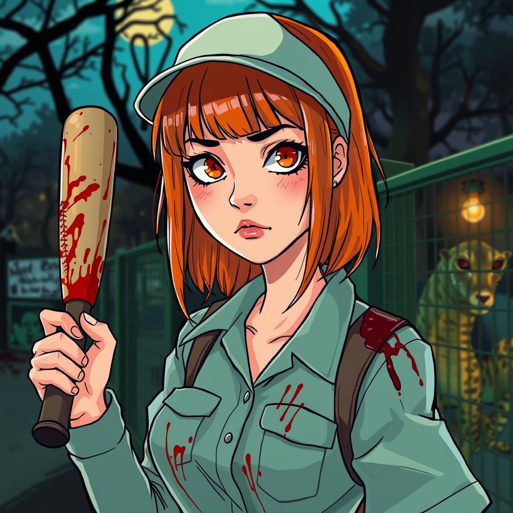 A horror slasher film scene titled "Cages Past Dusk" featuring a young woman with beautiful orange-red medium-length hair with bangs, dressed in zookeeper attire