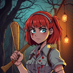 A horror slasher film scene titled "Cages Past Dusk" featuring a young woman with beautiful orange-red medium-length hair with bangs, dressed in zookeeper attire