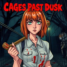 A horror slasher film scene titled "Cages Past Dusk" featuring a young woman with beautiful orange-red medium-length hair with bangs, dressed in zookeeper attire
