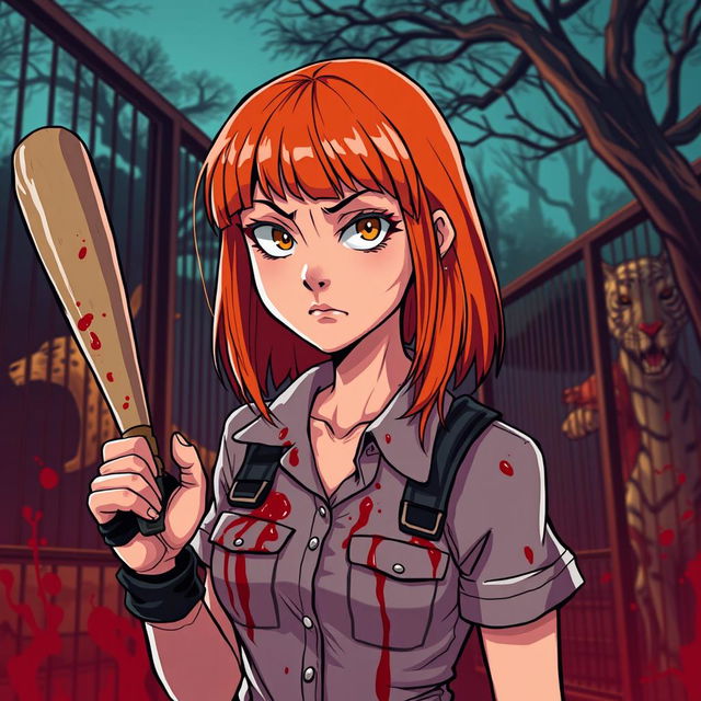 A horror slasher film scene titled "Cages Past Dusk" featuring a young woman with beautiful orange-red medium-length hair with bangs, dressed in zookeeper attire