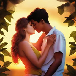 A high-quality digital art image capturing a teen couple sharing a passionate kiss during summer