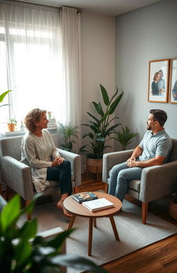 A tranquil and inviting relationship therapy session taking place in a cozy office