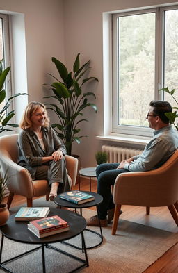 A tranquil and inviting relationship therapy session taking place in a cozy office