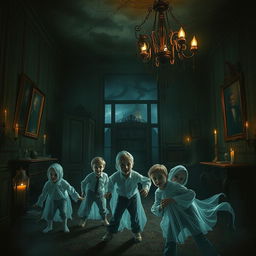 A chilling scene set in a dimly lit, eerie old house filled with cobwebs and antique furniture