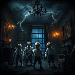 A chilling scene set in a dimly lit, eerie old house filled with cobwebs and antique furniture