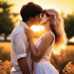 A high-quality digital art image capturing a teen couple sharing a passionate kiss during summer