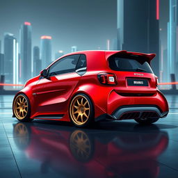 An eye-catching digital illustration of a futuristic red Brabus Smart Turbo, envisioned as a supercar from the future