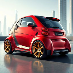 An eye-catching digital illustration of a futuristic red Brabus Smart Turbo, envisioned as a supercar from the future
