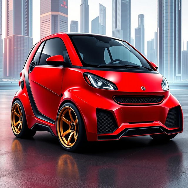 An eye-catching digital illustration of a futuristic red Brabus Smart Turbo, envisioned as a supercar from the future