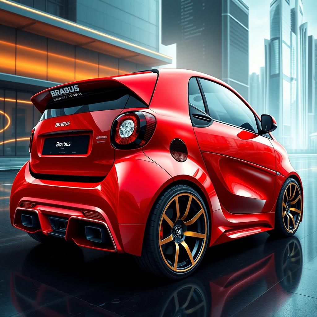 An eye-catching digital illustration of a futuristic red Brabus Smart Turbo, envisioned as a supercar from the future