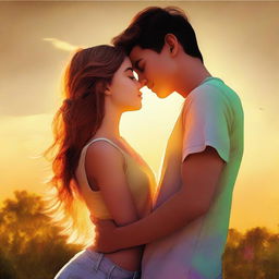 A high-quality digital art image capturing a teen couple sharing a passionate kiss during summer