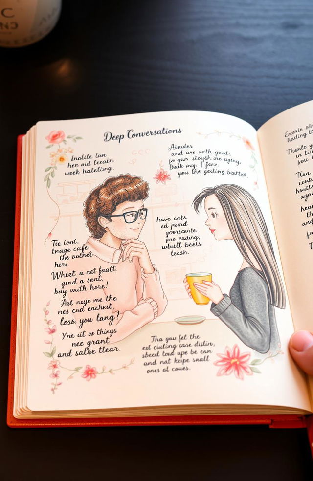 A beautifully illustrated page from a book titled 'Deep Conversations', featuring a serene and intimate setting, with two people engaged in deep dialogue