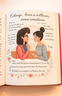 A beautifully illustrated page from a book titled 'Deep Conversations', featuring a serene and intimate setting, with two people engaged in deep dialogue