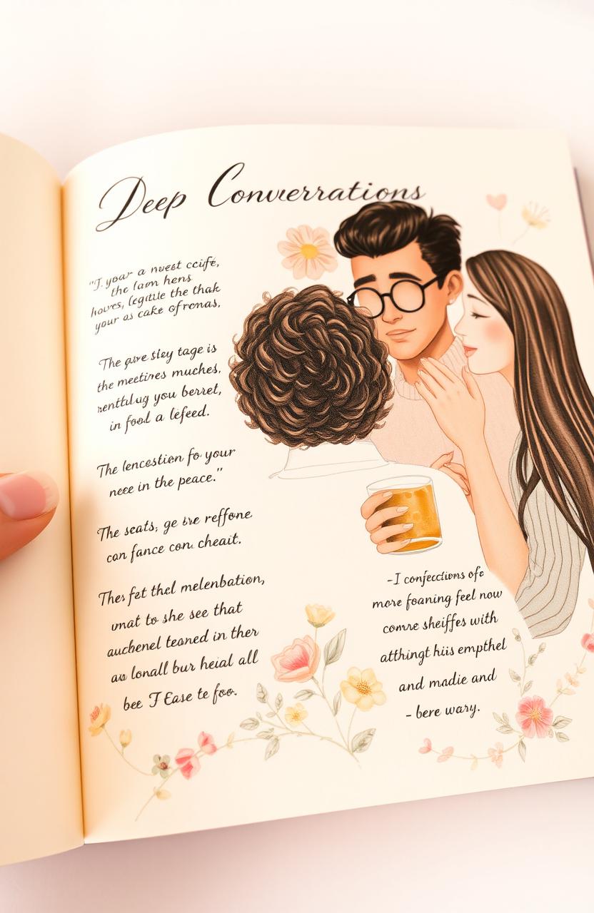 A beautifully illustrated page from a book titled 'Deep Conversations', featuring a serene and intimate setting, with two people engaged in deep dialogue