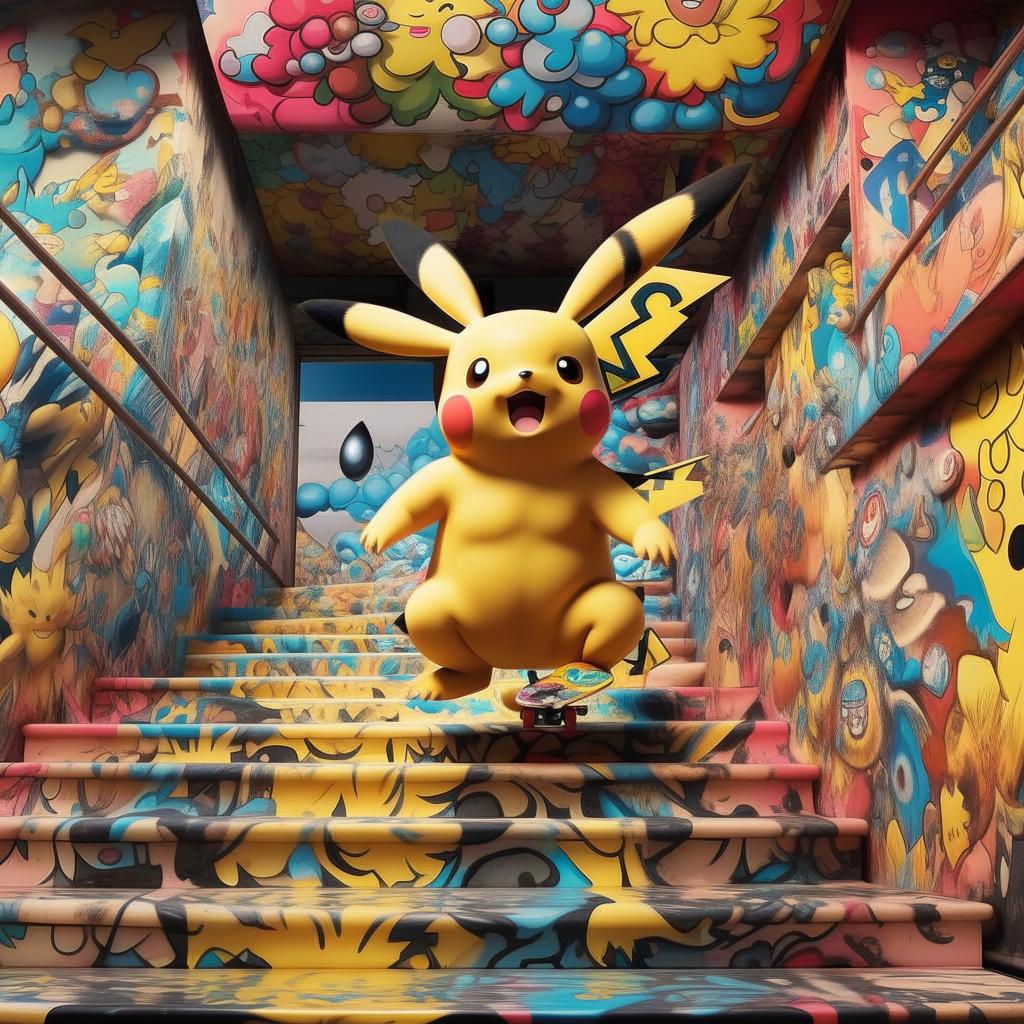 Modify the Murakami-styled Pikachu image to show Pikachu executing a tre flip skateboard trick down a huge stair set. Maintain the vibrancy, attention to detail, and high resolution of the previous image.