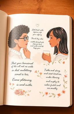 A beautifully illustrated page from a book titled 'Deep Conversations', featuring a serene and intimate setting, with two people engaged in deep dialogue