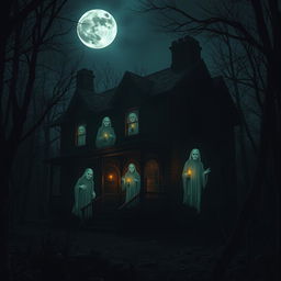 A spooky old house surrounded by a dark, eerie forest at night, with multiple ghostly figures of men emerging from the shadows inside the house