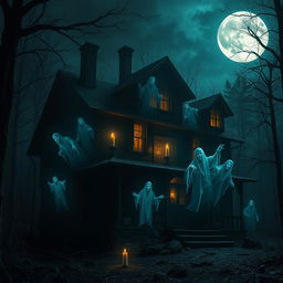 A spooky old house surrounded by a dark, eerie forest at night, with multiple ghostly figures of men emerging from the shadows inside the house
