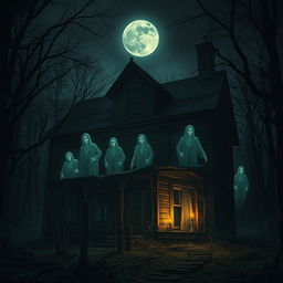 A spooky old house surrounded by a dark, eerie forest at night, with multiple ghostly figures of men emerging from the shadows inside the house
