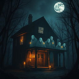 A spooky old house surrounded by a dark, eerie forest at night, with multiple ghostly figures of men emerging from the shadows inside the house