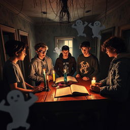 A group of five teenage boys, each with distinct styles - one with tousled black hair, another with spiky blonde hair, a third wearing glasses and a hoodie, the fourth in a baseball cap and graphic t-shirt, and the fifth with curly brown hair and a denim jacket