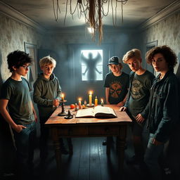 A group of five teenage boys, each with distinct styles - one with tousled black hair, another with spiky blonde hair, a third wearing glasses and a hoodie, the fourth in a baseball cap and graphic t-shirt, and the fifth with curly brown hair and a denim jacket