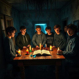 A group of five teenage boys, each with distinct styles - one with tousled black hair, another with spiky blonde hair, a third wearing glasses and a hoodie, the fourth in a baseball cap and graphic t-shirt, and the fifth with curly brown hair and a denim jacket