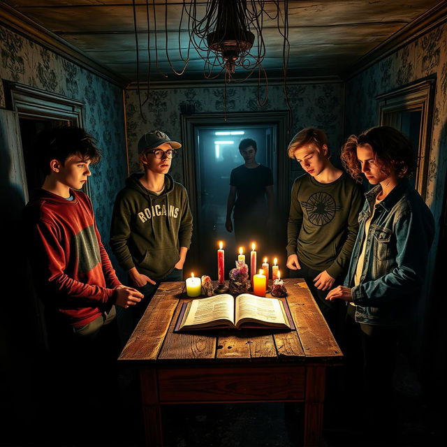 A group of five teenage boys, each with distinct styles - one with tousled black hair, another with spiky blonde hair, a third wearing glasses and a hoodie, the fourth in a baseball cap and graphic t-shirt, and the fifth with curly brown hair and a denim jacket