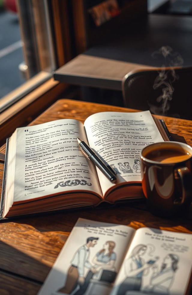 A detailed open book lying on a wooden table, with beautifully written pages filled with engaging dialogue, quotes about meaningful conversations, and psychology tips, surrounded by a cozy coffee shop atmosphere