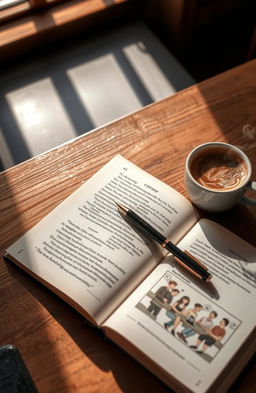 A detailed open book lying on a wooden table, with beautifully written pages filled with engaging dialogue, quotes about meaningful conversations, and psychology tips, surrounded by a cozy coffee shop atmosphere