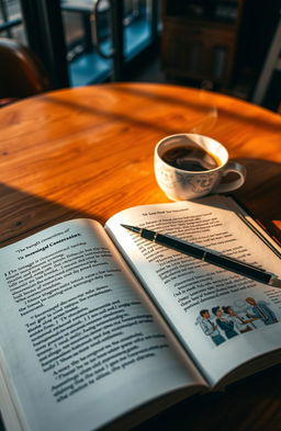A detailed open book lying on a wooden table, with beautifully written pages filled with engaging dialogue, quotes about meaningful conversations, and psychology tips, surrounded by a cozy coffee shop atmosphere