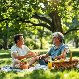 A serene and inviting scene featuring two adults engaged in a deep conversation in a lush, green park