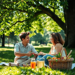 A serene and inviting scene featuring two adults engaged in a deep conversation in a lush, green park