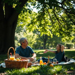 A serene and inviting scene featuring two adults engaged in a deep conversation in a lush, green park