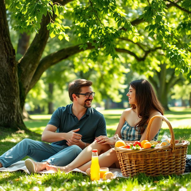 A serene and inviting scene featuring two adults engaged in a deep conversation in a lush, green park