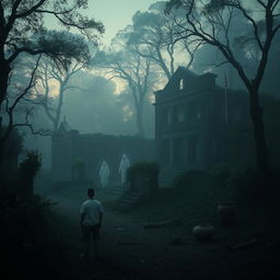 A haunting depiction of a vanished colony, shrouded in mist and mystery, with ancient, overgrown ruins of colonial architecture, surrounded by dense, eerie forests