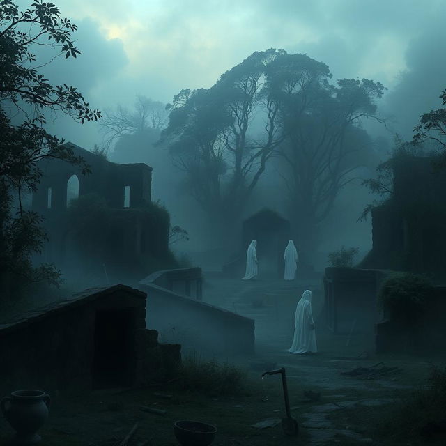 A haunting depiction of a vanished colony, shrouded in mist and mystery, with ancient, overgrown ruins of colonial architecture, surrounded by dense, eerie forests