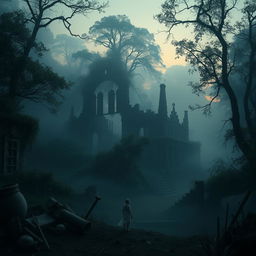 A haunting depiction of a vanished colony, shrouded in mist and mystery, with ancient, overgrown ruins of colonial architecture, surrounded by dense, eerie forests
