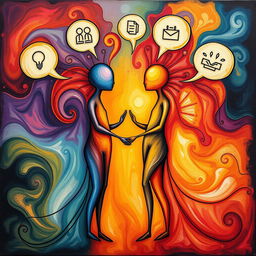 A captivating and thought-provoking piece of art depicting two abstract figures symbolizing deep conversation