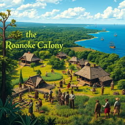 A vivid historical representation of the Roanoke Colony in 1587, featuring over 100 English settlers engaged in various activities
