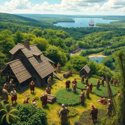 A vivid historical representation of the Roanoke Colony in 1587, featuring over 100 English settlers engaged in various activities