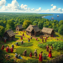 A vivid historical representation of the Roanoke Colony in 1587, featuring over 100 English settlers engaged in various activities