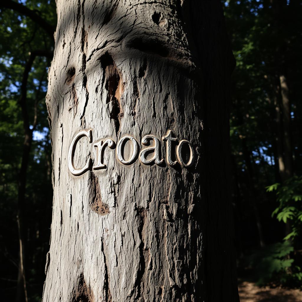 A close-up view of a weathered tree with the word "Croatoan" intricately carved into its bark, surrounded by an ominous forest setting