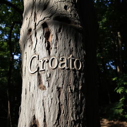 A close-up view of a weathered tree with the word "Croatoan" intricately carved into its bark, surrounded by an ominous forest setting