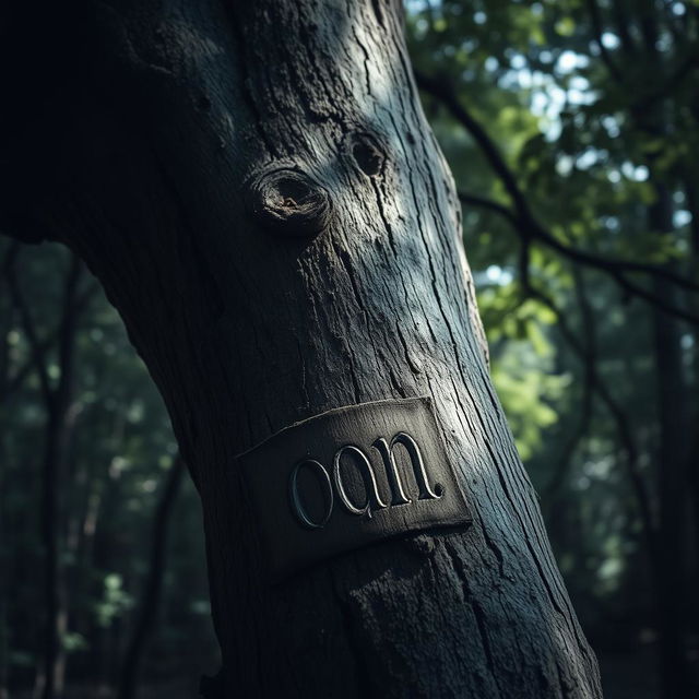 A close-up view of a weathered tree with the word "Croatoan" intricately carved into its bark, surrounded by an ominous forest setting