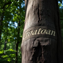 A close-up view of a weathered tree with the word "Croatoan" intricately carved into its bark, surrounded by an ominous forest setting